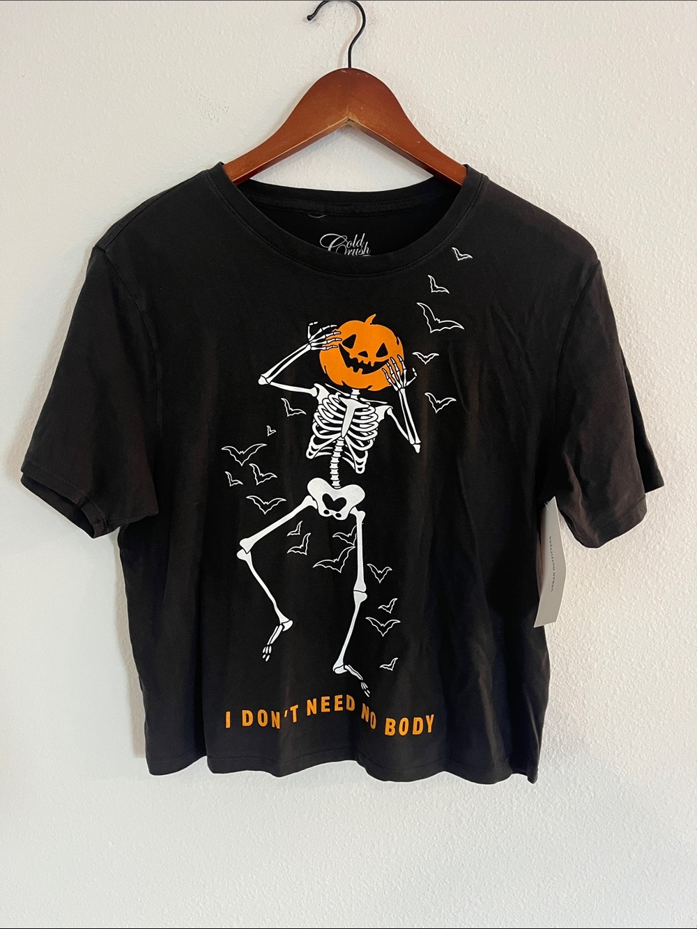 NWT Urban Outfitters Black Tee with Orange Pumpkin-Head Skeleton Halloween